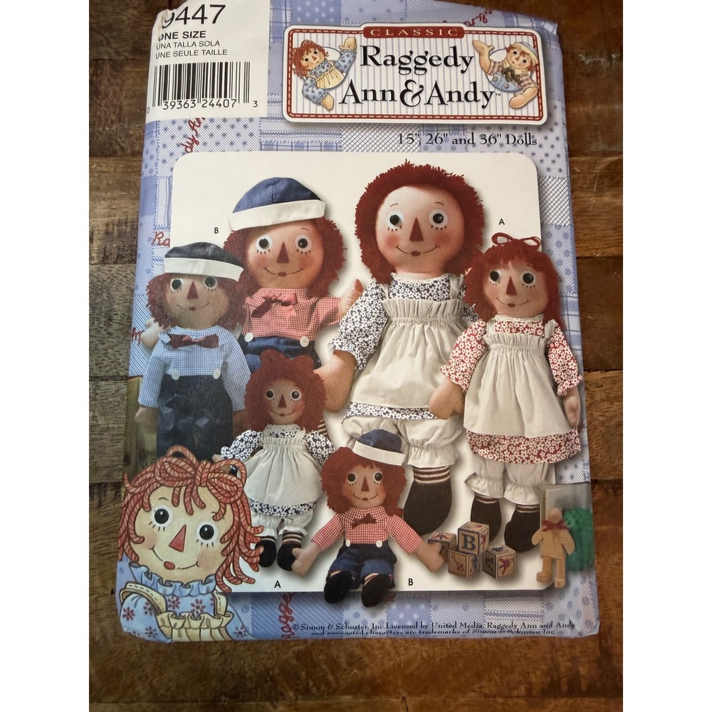 Simplicity 9447 Raggedy Ann Andy Doll Sewing Pattern 15 26 36 Inch Classic Dolls